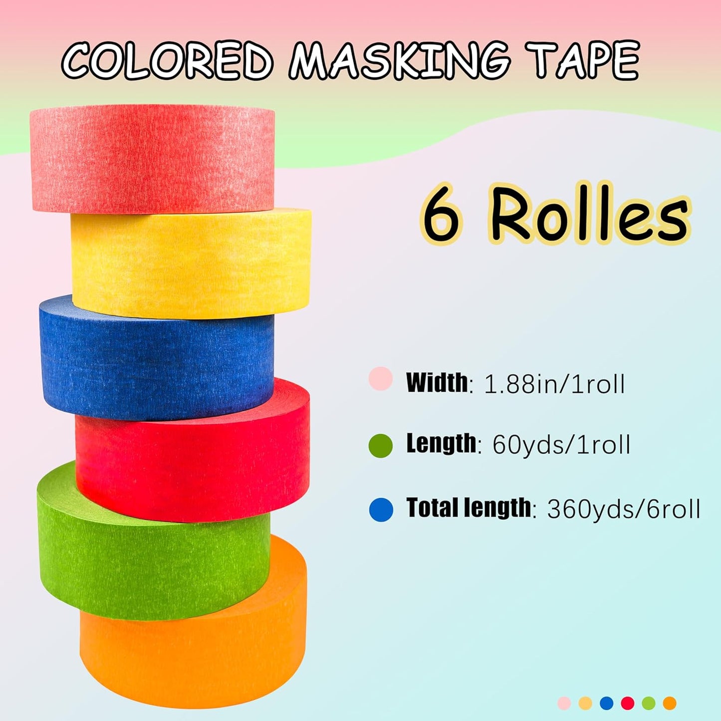 COSIMIXO Colored Masking Tape 1.88 inches x 60 Yards,Rainbow Colors Painters Tape 6 Rolls Colorful Painters Tape for Painting, Arts & Crafts, Labeling, Residue-Free Removal, Easy Hand-Tear