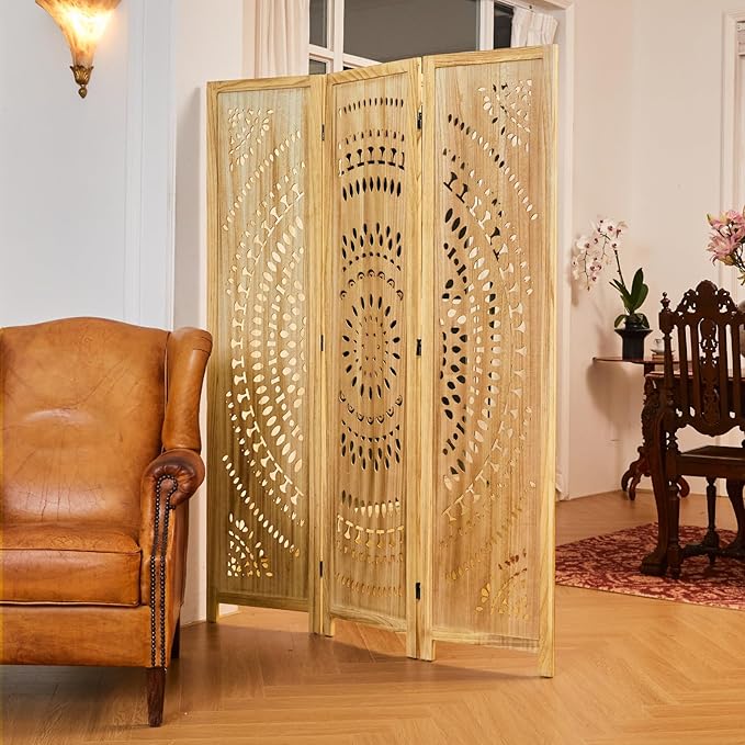 Room Divider Wood Carved Wall Divider Indoor Folding Bohemian Style Portable Partition Screen for Home Office Garden Terrace - 3 Panels (Natural)