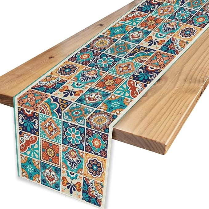 Mexican Table Runner, Blue Rustic Mexico Talavera Ceramic Hand Painted Tiles Cinco De Mayo Coffee Table Center Decor for Family Kitchen and Dining Patio Indoor Outdoor Table Decorations, 13" X 108"