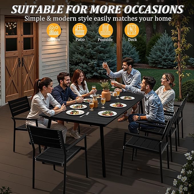 83" Patio Outdoor Dining Table for 6-8, Weather-Resistant Wood-Grain Top with Aluminum Frame & Umbrella Hole for Deck Gatherings, Black