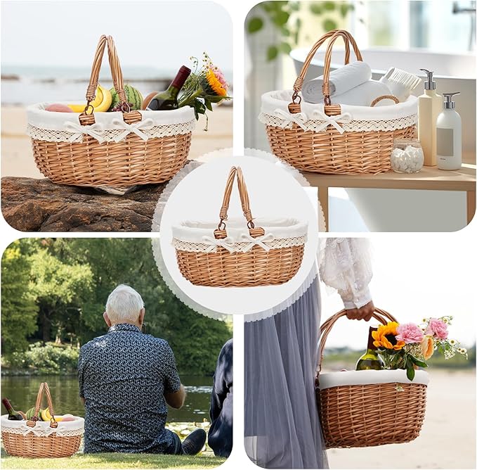 G GOOD GAIN Oval Picnic Basket with Folding Handles, Willow Hand Woven Shopping Basket, Bath Storage Gift Packing Basket, Wicker Empty Easter Eggs and Candy Small Gift Basket.Cream