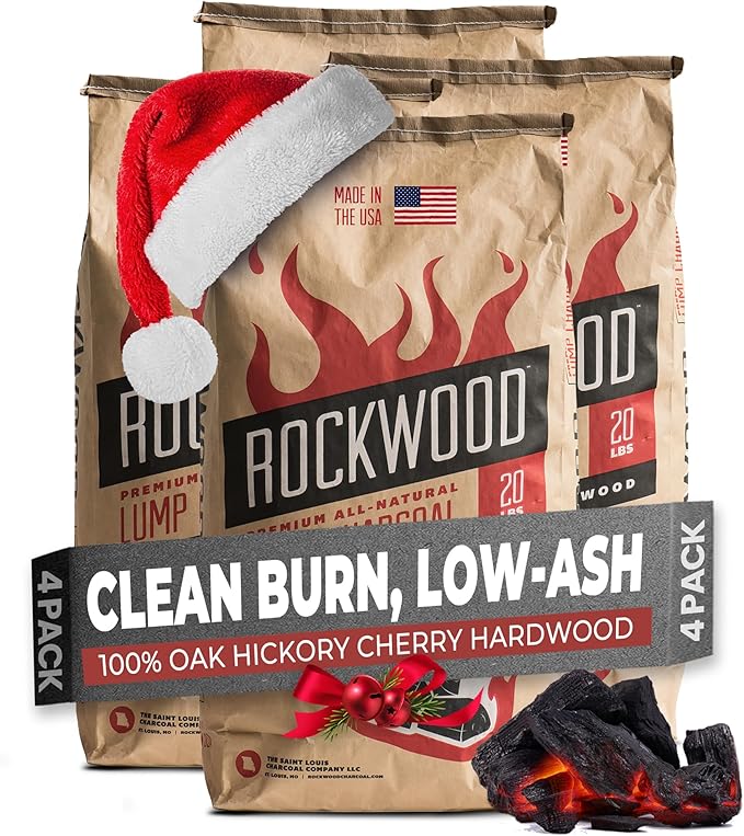 Rockwood Premium Hardwood Lump Charcoal – Oak, Hickory & Cherry Blend for Restaurant Quality Barbecue Smoking & Grilling – Smoky Flavor BBQ, Clean Burning for Kettle & Kamado Grills – 20lbs (4 Packs)
