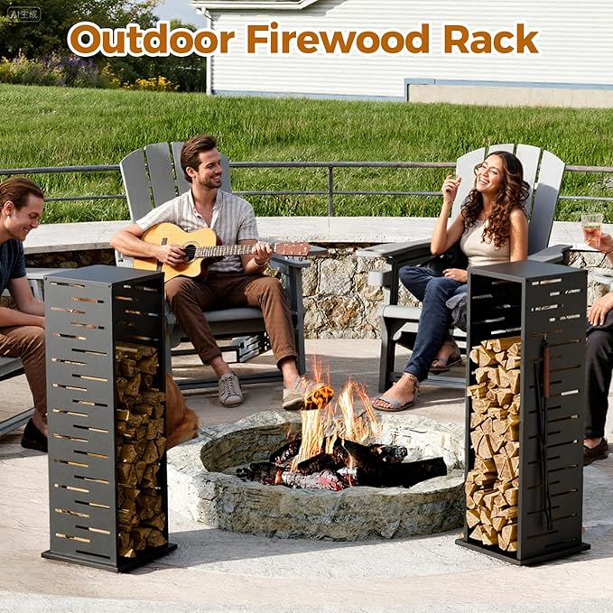 4ft Firewood Rack with Louver Pattern, Fire Wood Rack Log Holder with Hooks Adjustable Feet, Firewood Storage for Outdoor Indoor Fire Pits Fireplace Patio Balcony Black