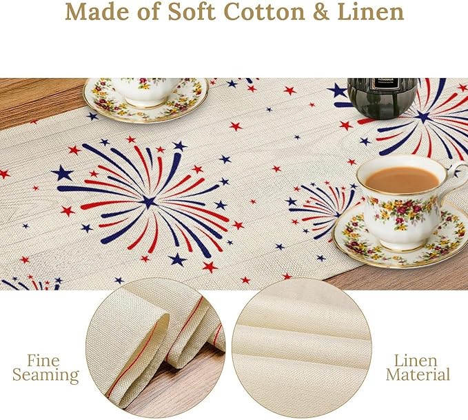 Fireworks Table Runner, 4th of July Patriotic Memorial Day American Independence Day Table Runner for Holiday Kitchen Dining Holiday 13x36in