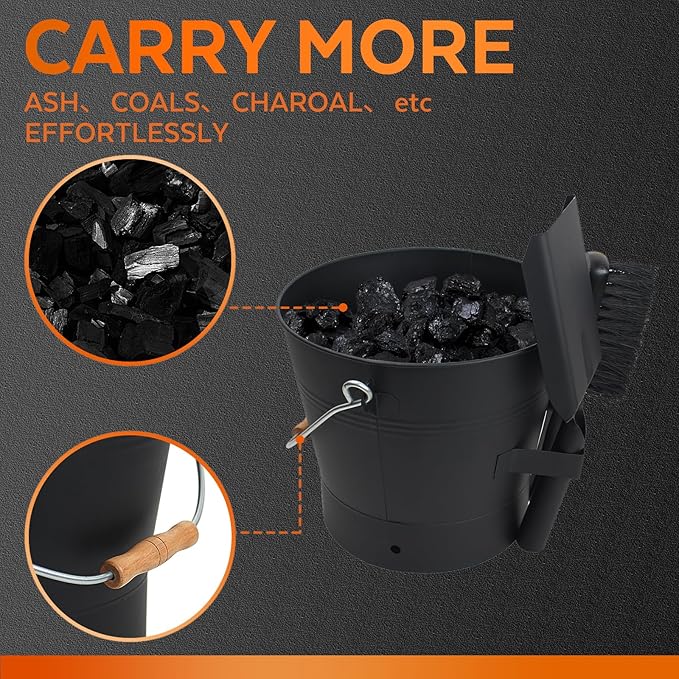 Ash Bucket with Lid and Shovel, 2.6 Gallon Metal Fireplace Ash Bucket with Broom, Complete Fireplace Tools Set for Wood Stove and Fireplace