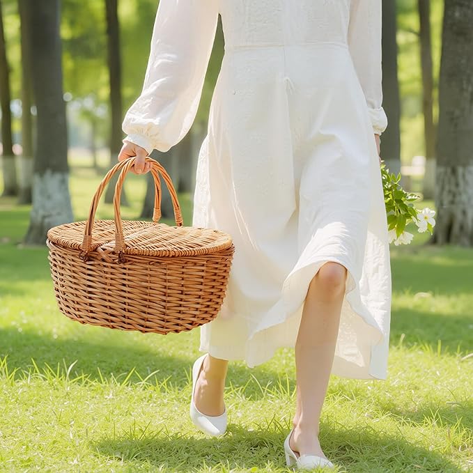 GRANNY SAYS Picnic Basket, Wicker Basket with Insulated Cooler, Woven Cute Basket with Handle, Storage Basket with Washable Lining & Dual-Flid Lid, Natural Willow Picnic Hamper