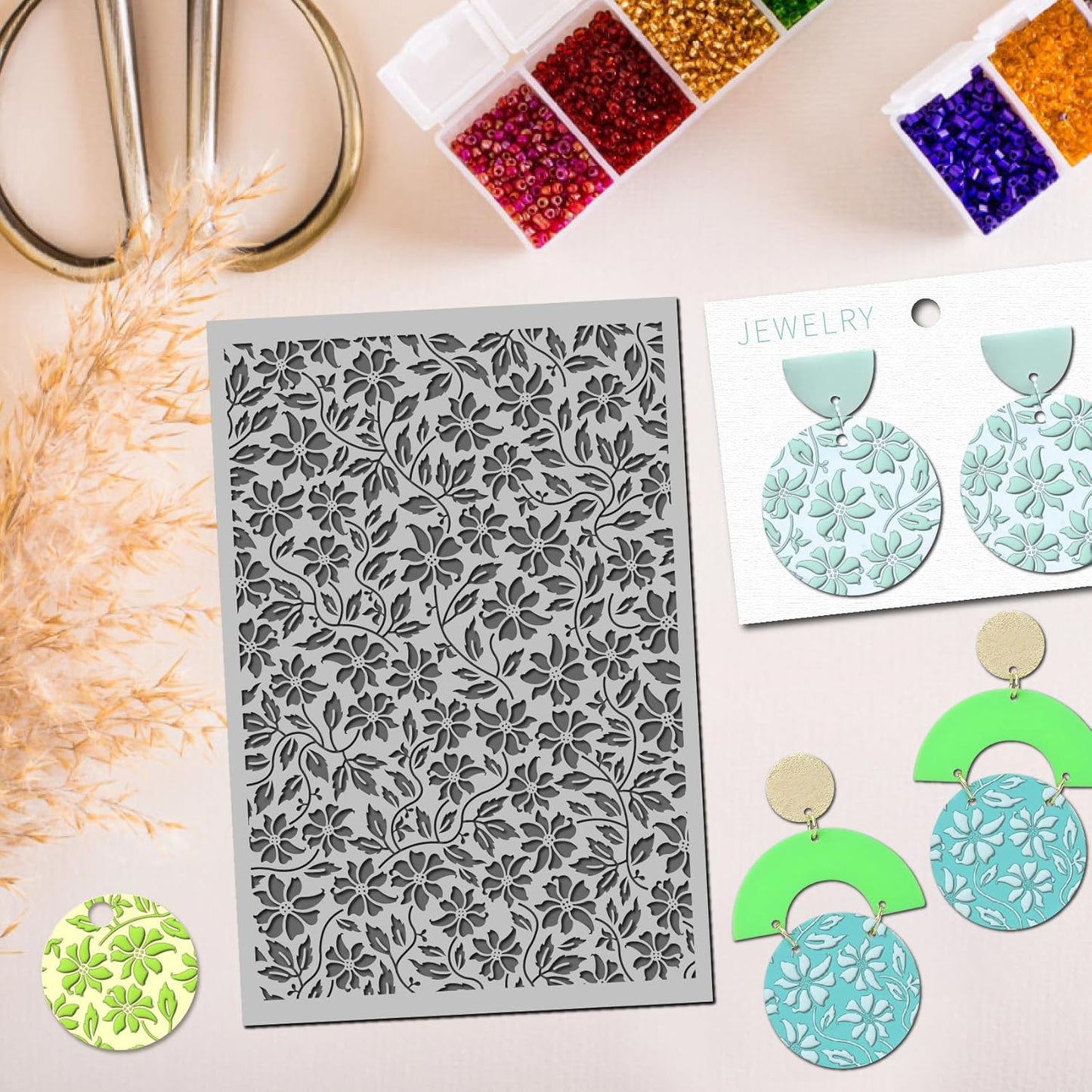 Arbuya Flowers Polymer Clay Texture Mat - Flowers Leaves Leaves Texture Sheet for Polymer Clay Jewelry Making, Earring Charms, DIY Craft Supplies