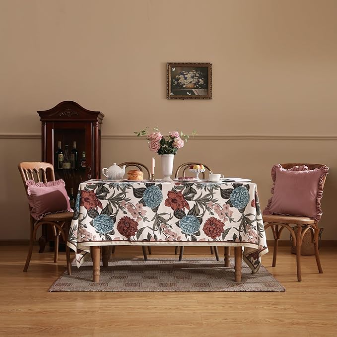 French Linen Tablecloth for Rectangle Table,Red and Blue Floral Durable Extra Long Tablecloths,Home Decor Table Cover for Kitchen,Dining,Thanksgiving,Farmhouse,67" × 118"-Burgundyred