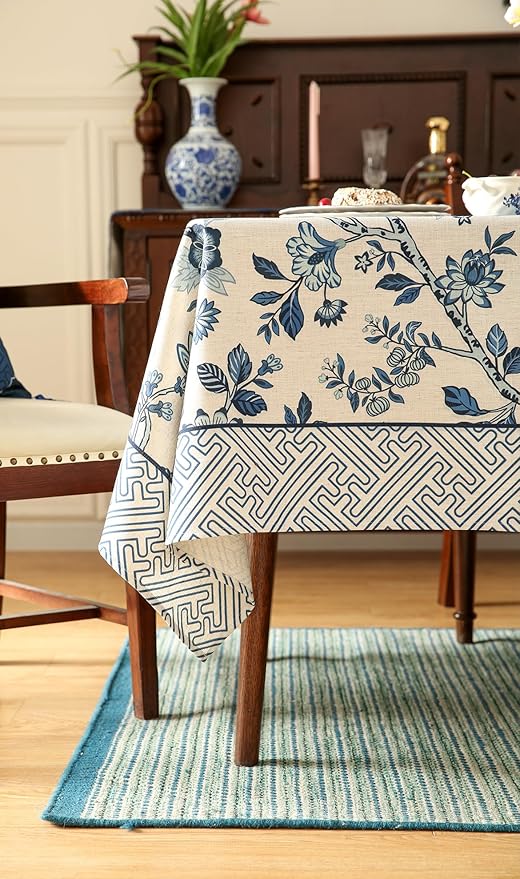 Vintage Blue and White Extra Long Rectangle Tablecloth,French Linen Floral Wrinkle Free Tablecloths,Decor Table Cover for Kitchen,Dining,Party,Thanksgiving,Christmas,63"*110"-Suqing