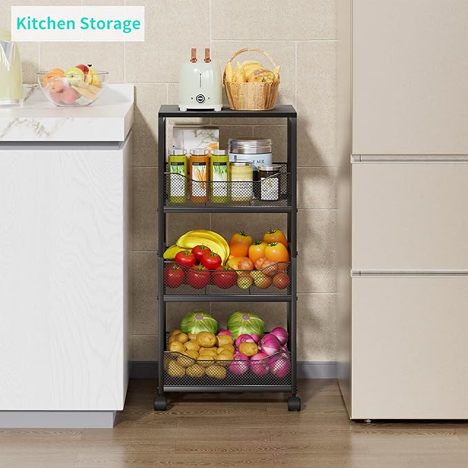 HapiRm Fruit Basket Kitchen Cart - 4-Tier Rolling Storage Cart with Wheels, Fruit Vegetable Basket with Wood Top, Pantry Utility Kitchen Organizer for Fruit Potato Onion Vegetable Bread Snack