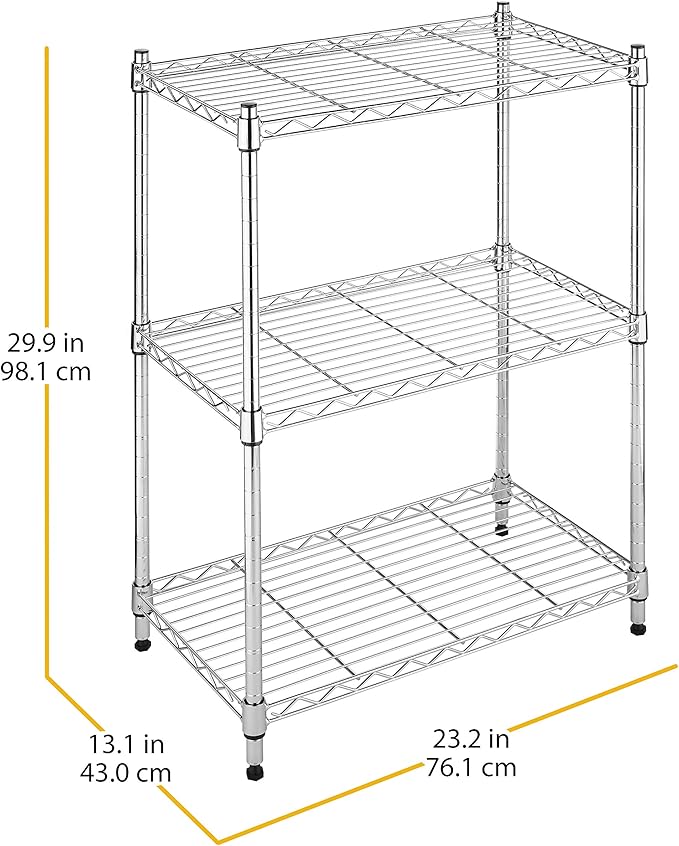 Whitmor 3-Tier Shelving Unit, Metal Storage Shelves, Easy Assembly Home Organizer for Pantry, Kitchen, Garage, Plant, 23"L x 13"W x 30"H