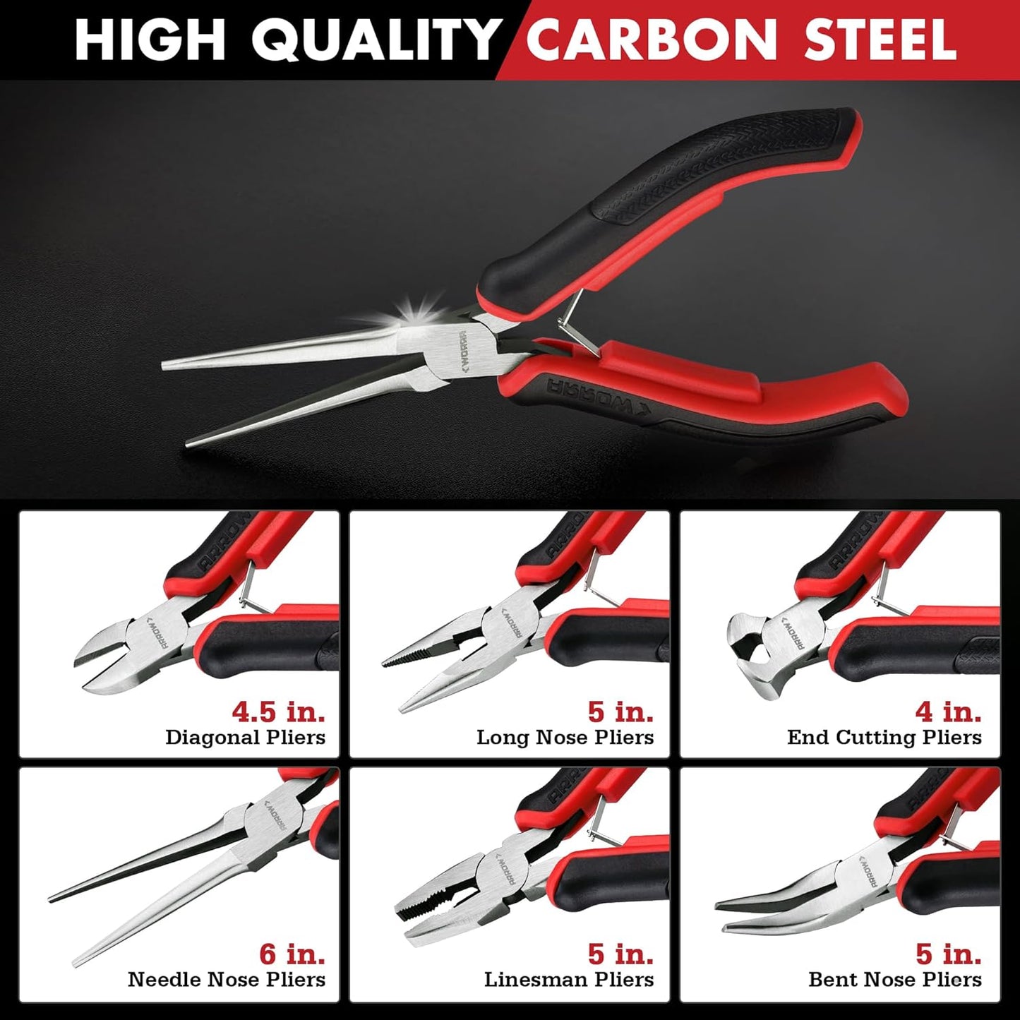 ARROW Mini Pliers Set, 6-Piece Precision Jewelry & Craft Kit – Includes Needle, Diagonal, Long, Bent, End Cutting & Lineman Pliers for Electronics, Crafts & DIY, with Pouch