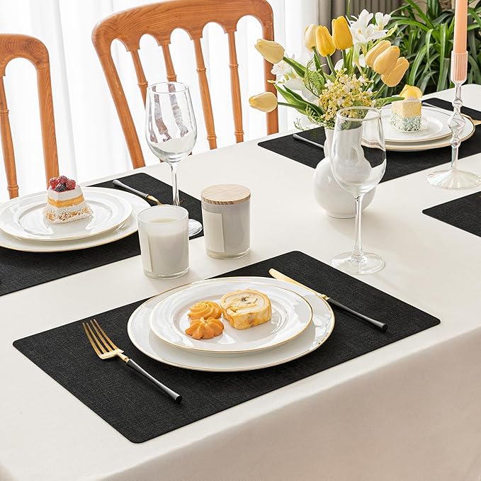 Romanstile Vinyl Placemats Set of 6-12 X 17 Inch - Heat Resistant Place Mats 100% Waterproof Oilproof Wipeable Reversible Faux Leather Table Mats for Kitchen, Dining, Party, Outdoor, Black