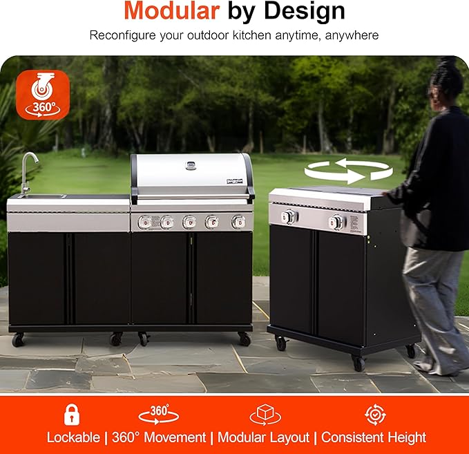Brand-Man Outdoor Kitchen Island – 5-Burner Gas Grill & Griddle Combo with 800°C Infrared Sear Zone, Dual-Zone Cooktop, Sink & Storage, 995 sq.in Cooking Area, 67,000 BTU Stainless Steel BBQ Station