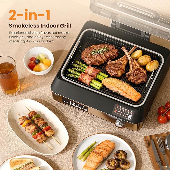 Kismile 2-in-1 Griddle and Indoor Grill,Electric Smokeless Grill with Temperature Probe,Temperature Control & display screen,Portable Smoke-Free Griddle for Indoor Steaks,Vegetables,Family Cooking