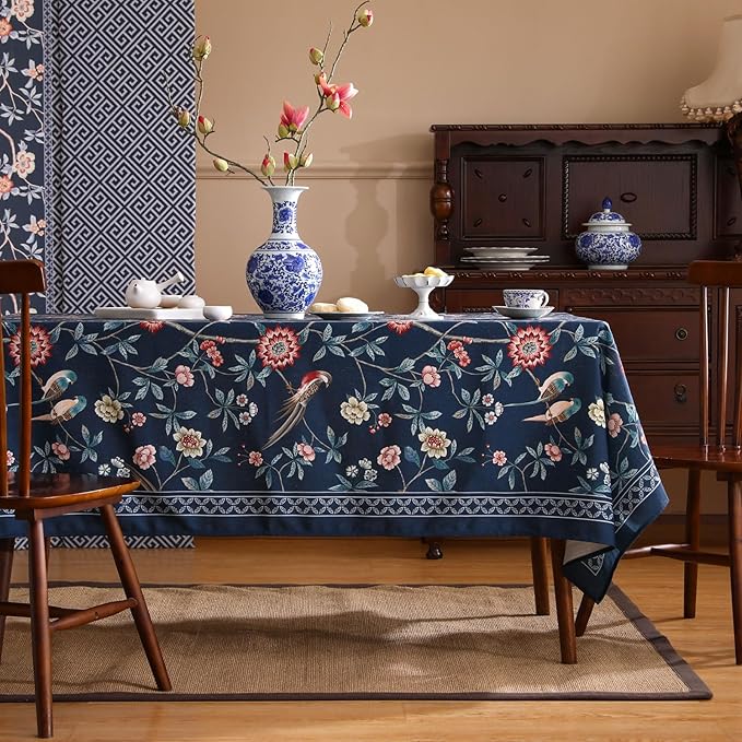 patdrea Designer Dark Blue Linen Rectangle Tablecloth,Vintage Navy French Floral and Birds Pattern Table Cloth,Decoration Table Cover for Kitchen,Dining,Tea Party,Home,Christmas,55"*71"