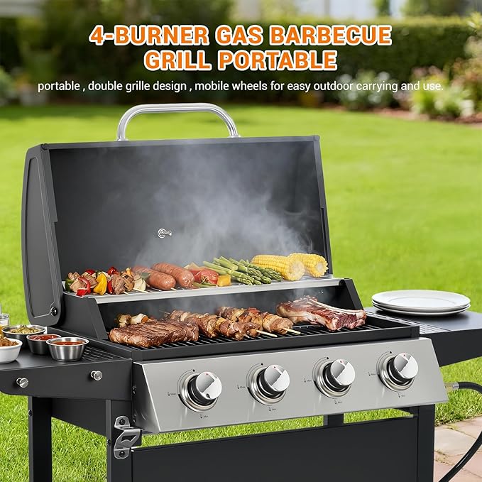 4-Burner Gas Grill with Side Burner & Cover, 51000 BTU Stainless Steel Outdoor BBQ Grill, 452 sq.in Cooking Area, Ideal for Backyard, Patio Large Gatherings