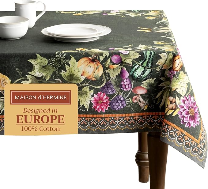 Maison d' Hermine Table Cloth Rectangle Table 100% Cotton 54 x 72 Inches Fall Tablecloth Reusable Everyday Use for Thanksgiving Christmas Decorations Dining Farmhouse (Pumpkin Garden - Dark Green)
