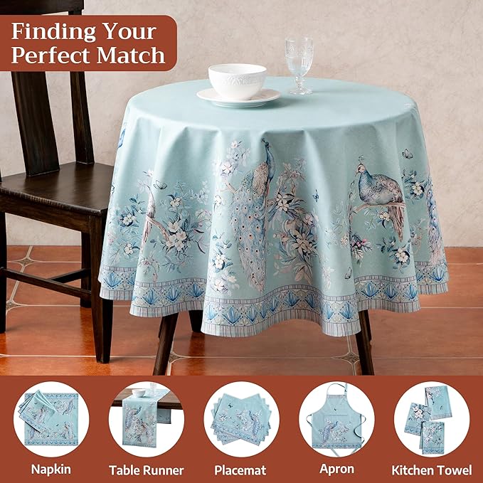 Maison d' Hermine Premium Table Cloth Round Table 100% Combed Cotton 70" Diameter Inches Tablecloth Reusable Decorative for Dining Room Home Party Festive Wedding - Peacock Utopia - Pastel Turquoise