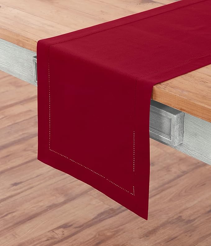 Solino Home Red Table Runner 36 Inches - Cotton Linen Hemstitch Coffee Table Runner 14 x 36 Inch Ideal for Dresser Tables - Winter, Valentines