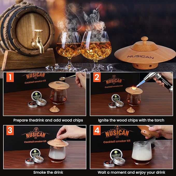 Cocktail Smoker Kit with Torch, 6 Flavors Wood Chips for Whiskey and Bourbon, Old Fashioned Smoker Kit for Infused Cocktail, Cheese, Salad and Meats, Gifts for Men, Dad and Boyfriend (No Butane)
