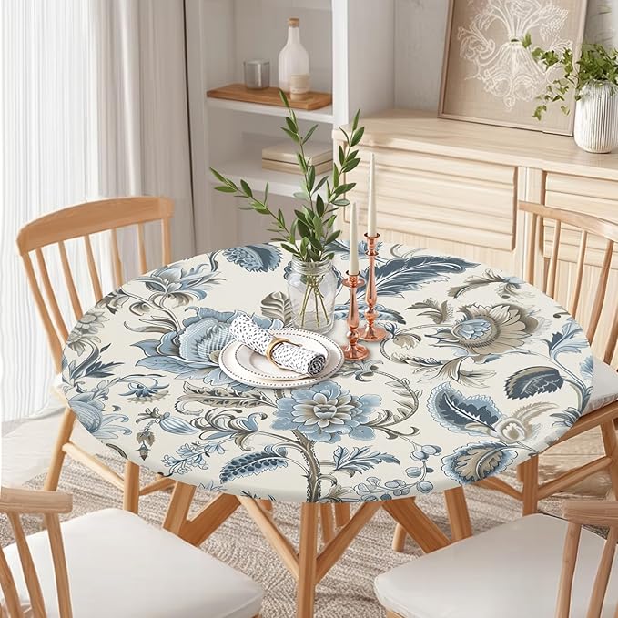 Vintage Floral Round Fitted Tablecloth with Elastic Blue Brown Chinoiserie Flower Circle Table Cloth for 48-52" Round Tables Wipeable Waterproof Elegant Rustic Table Cover for Dining Patio Picnic