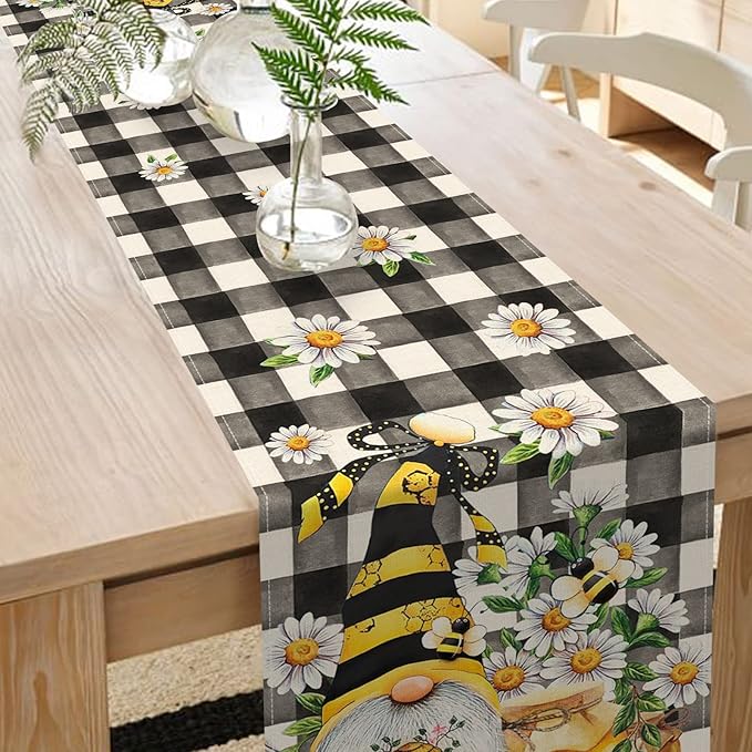 Seliem Spring Bee Gnome Table Runner, Honey Black White Buffalo Plaid Check Home Kitchen Dining Decor, Summer Seasonal Farmhouse Daisy Decorations Indoor Outdoor Anniversary Party Supply 13 x 60 Inch