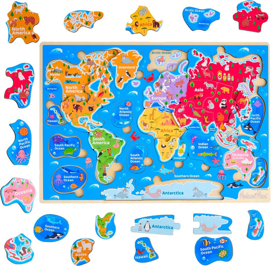 Montessori Mama World Map Wooden Puzzle, Continents and Oceans Puzzles for Kids Ages 4-6. Perfect Educational Toys for 4 Year Old Including Global Landmarks, Animals and Marine Life