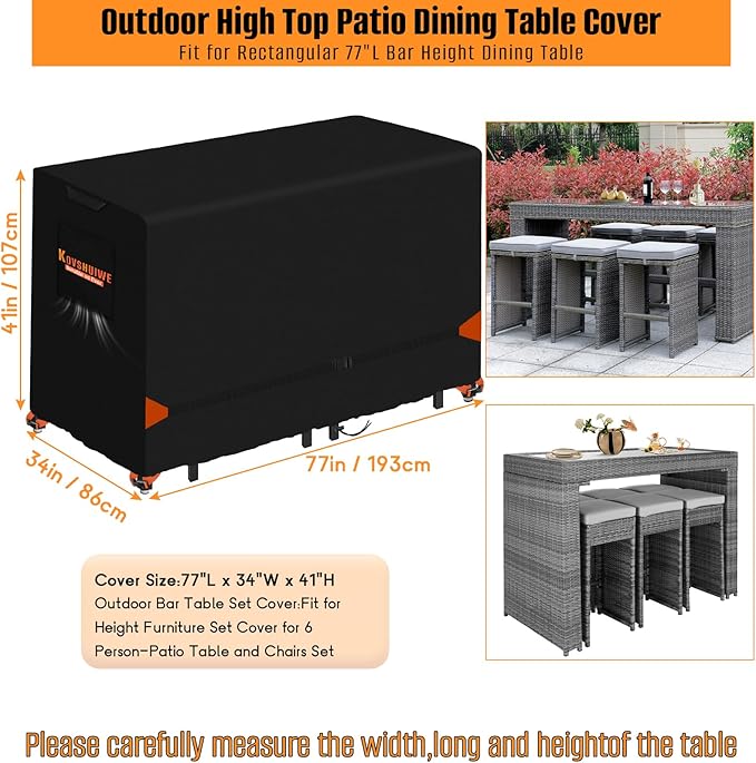 Kovshuiwe Outdoor Bar Height Dining Set Cover, Heavy Duty 600D Oxford Fabric Waterproof Patio Bar Height Table and Chair Cover for Rectangular 76" L Tall High Furniture Set - 76" L x 34" W x 42" H