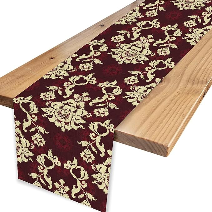 Red Damask Table Runner, Gothic Boho Baroque Style Floral Flower Antique Classic Rustic Vintage Coffee Table Center Decor for Kitchen and Dining Outdoor Home Country Party Table Decorations, 13"x90"