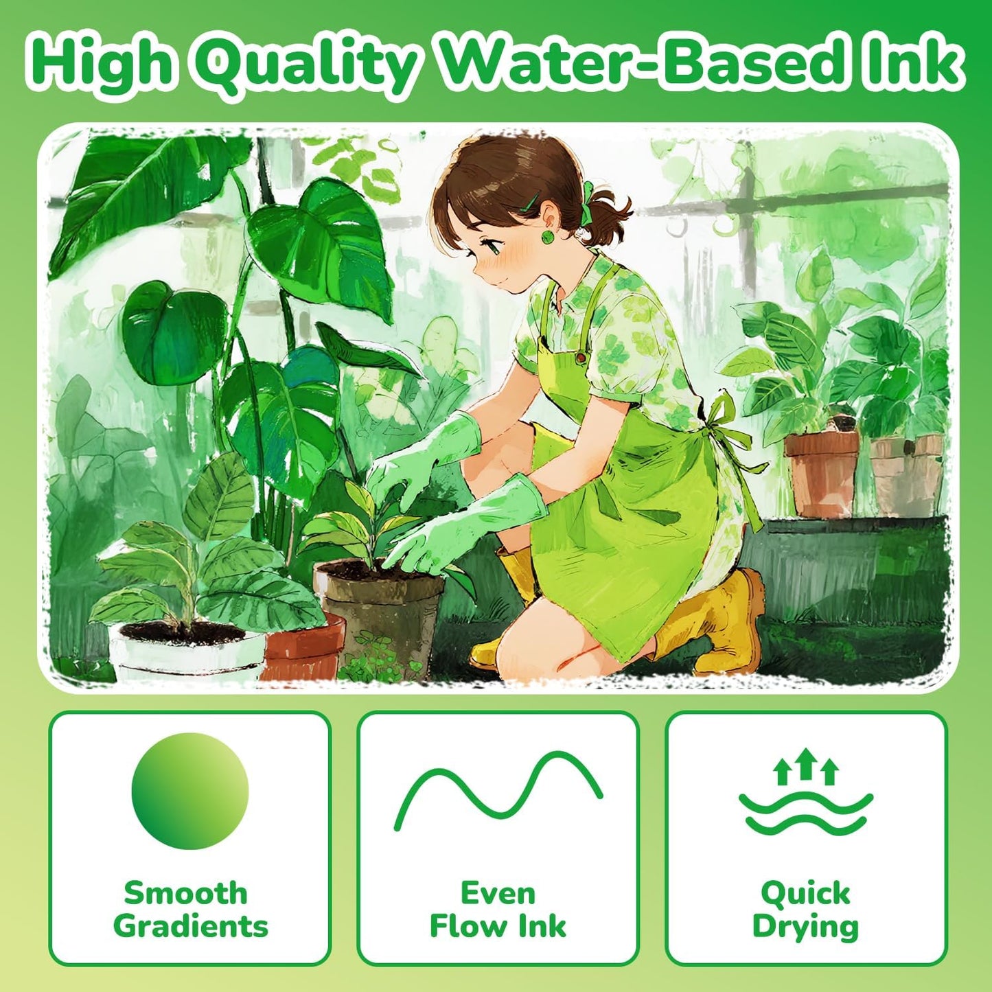 Guangna 12 Green Dual Tip Acrylic Paint Markers, Brush Tip & Chisel Tip Acrylic Paint Pens for Rock, Wood, Glass, Paper, Coloring Book, Ceramic, Canvas, Water-Based Ink