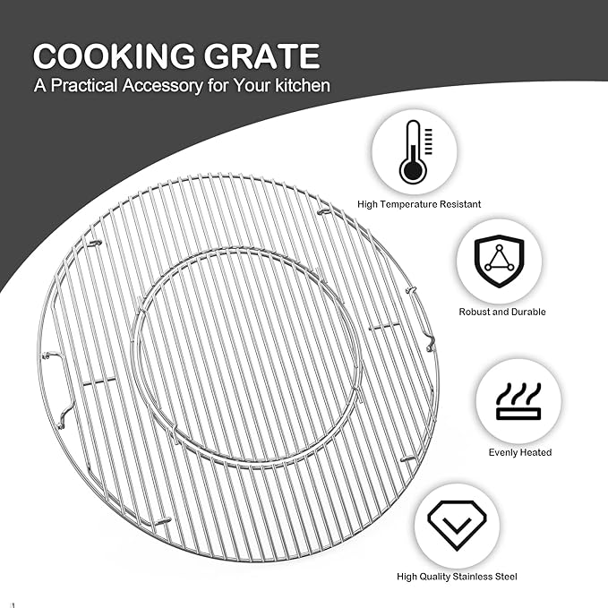 only fire Stainless Steel Grill Grate, Gourmet BBQ System Replaced Double-Side Hinged Cooking Grate for Weber 22" Charcoal Kettle Grills