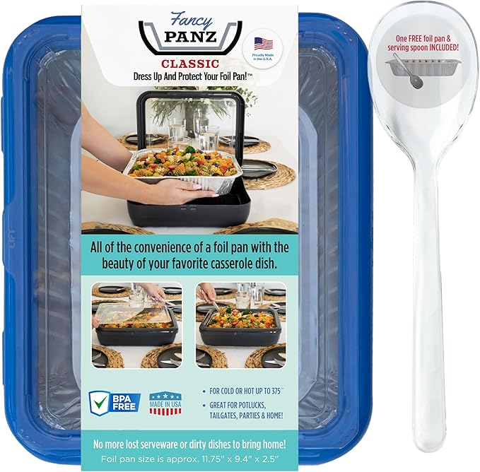 Fancy Panz - Denim Blue Classic Aluminum Foil Pan Carrier with Lid - Elevated Food Serving Tray - Portable Casserole Carrier with Lid - Made in The USA Hosting Essentials