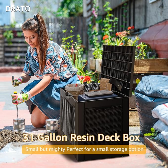 DRATO 31 Gallon Deck Box, Outdoor Storage Box for Patio Cushion, Garden Tools, Waterproof Resin Storage Box (Black，31 Gallon)