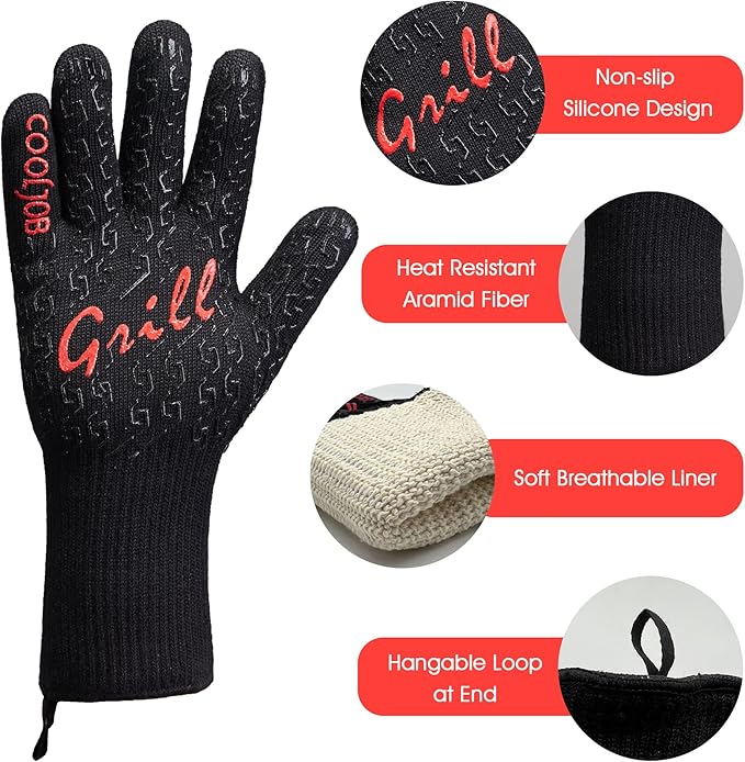 COOLJOB Heat Resistant BBQ Gloves for Hot Temperature Cooking, Barbecue Grilling or Baking Bread Pizza, 800 Degrees Safe Oven Mit with Fingers, Aramid Fiber with Silicone Grip, One Size, Black