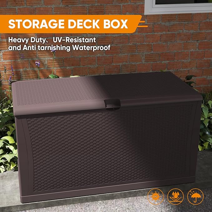 ZYJOYY 125 Gallon Resin Deck Box, Weatherproof Outdoor Storage Box for Patio, Garden, Pool, and Yard, Lockable Waterproof Bin for Tools, Cushions, and Accessories, Brown
