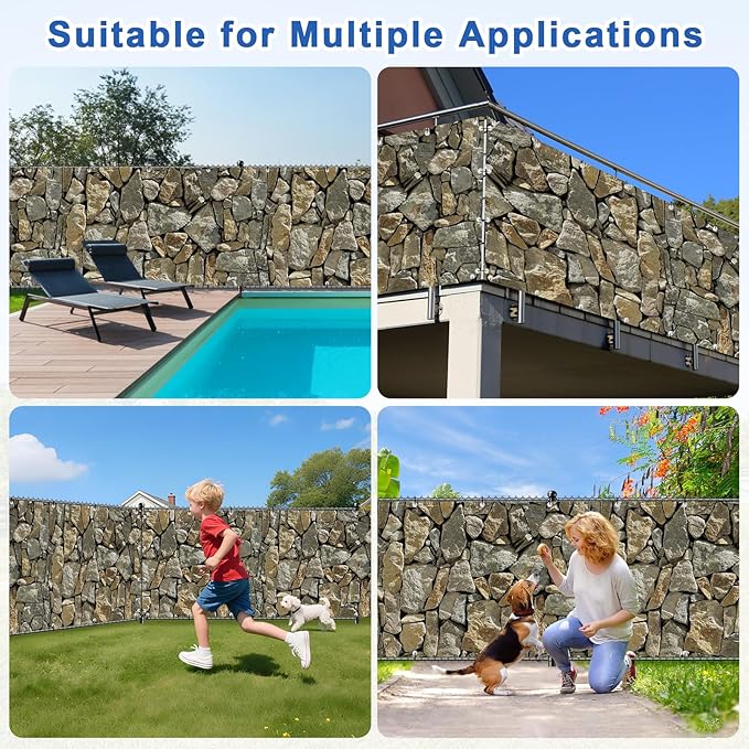 UPGRADE 4'x42'Customized PVC Privacy Fence Screen with Stone Wall Print – Outdoor Waterproof Patio Privacy Cover for Yard, Balcony, Garden Fence Decoration