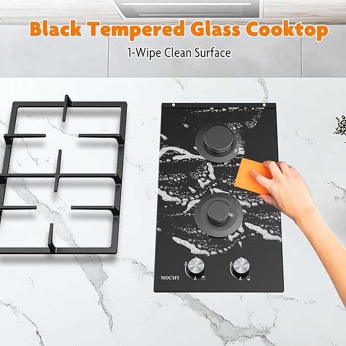 2 Burner Gas Cooktop, 12 Inch Built-in Propane/LPG/NG Dual Fuel Stove, Black Tempered Glass Hob with Thermocouple Protection & Adjustable Flame, for Apartment, Kitchen, RV