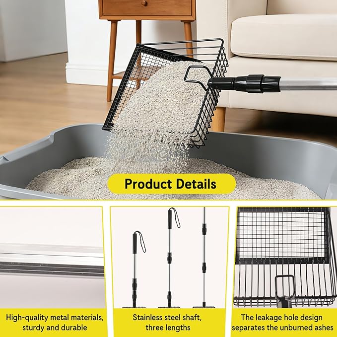 Long Handle Fireplace Ash Sifter, Hollow Out Metal Coal Shovel with 3-Section Adjustable Handle, Heat Resistant Charcoal Shovel Scoop for Wood Stove, Fireplace, Fire Pit and Grill