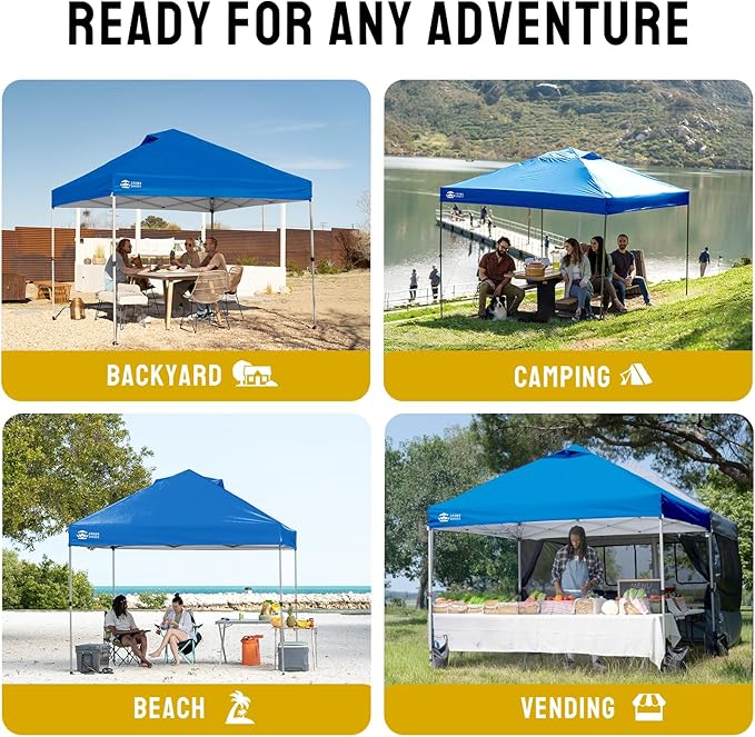CROWN SHADES 8x8 Pop Up Canopy - Beach Tent with One Push Setup - Easy Outdoor Sun Shade for Events, Parties, Camping - Gazebo with STO-N-Go Cover Bag, Silver Coated Top, Blue