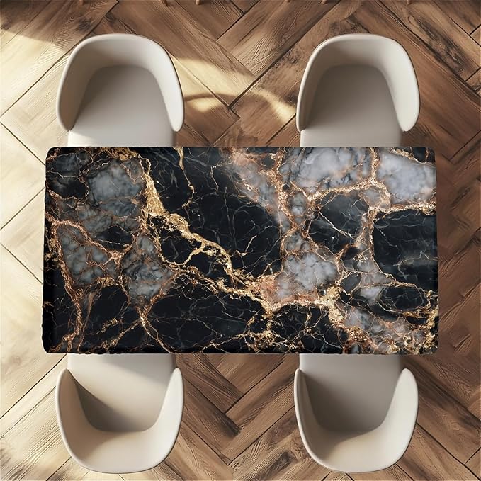 Rectangle Table Cloth Cover Waterproof Elastic Fitted Polyester Fitted Tablecloths for 6 Foot Tables for Indoor,Picnic, Camping, Outdoor （60" x 30"，Black Marble）