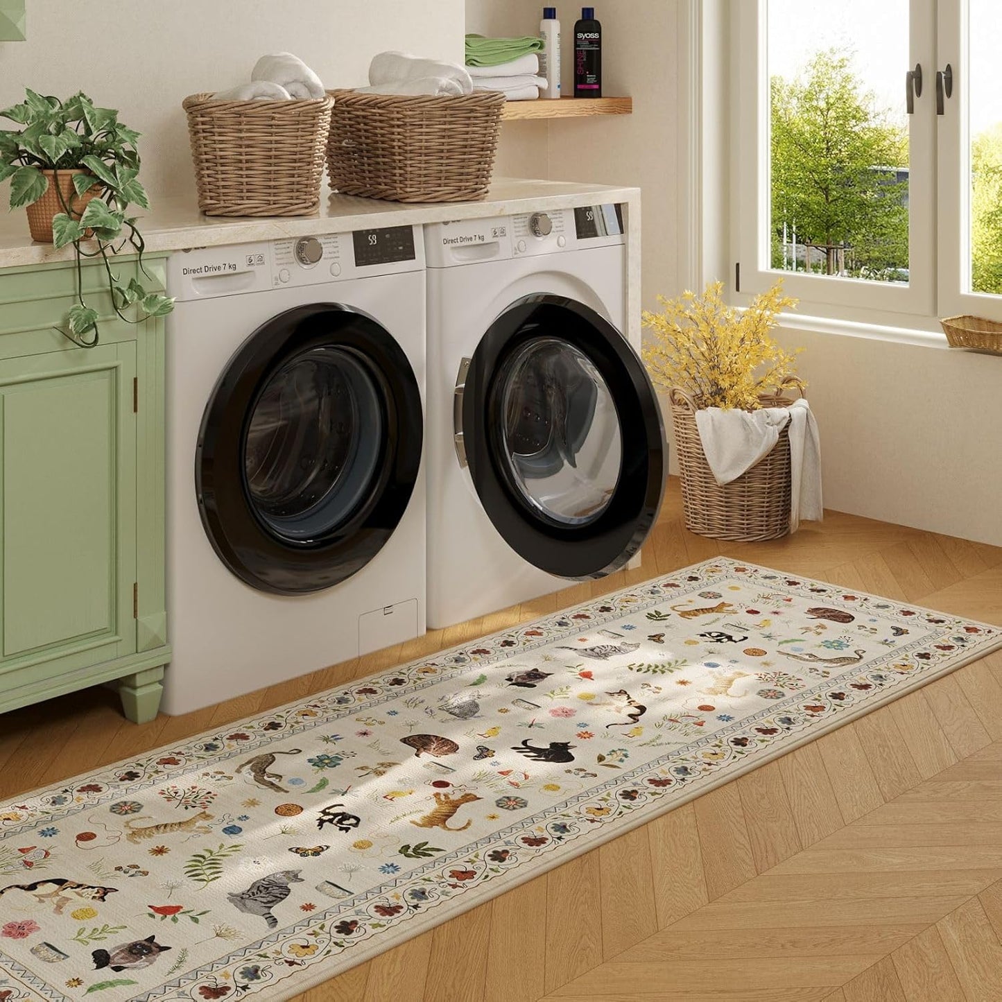 Rugcomf Runners for Kitchen Runner Rug Non Slip 2'x10' Long Washable Rugs with Rubber Backing Soft Floral Animal Cat Carpet Runner for Kitchen Laundry Bedroom Bathroom, Beige