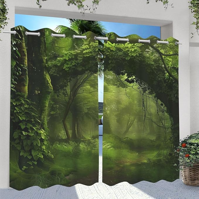 Nature Theme Waterproof Outdoor Curtains for Patio,Forest Pattern,Light Filtering Curtains Outside Curtains for Porch, Gazebo, Pergola, Backyard,2 Panels,W54 x L84,Green