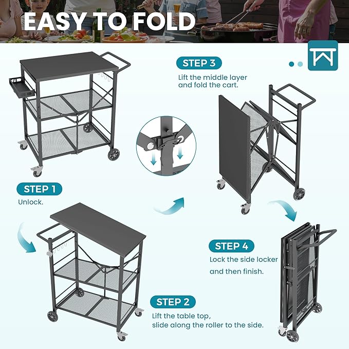 Ciokea Folding Outdoor Grill Cart with Wheels, Foldable Outdoor Grill Table with 27"x18" INCH Top, 3-Shelf Prep Table, Pizza Oven Stand, Metal Portable Kitchen Cart for BBQ Patio Camping (All Black)