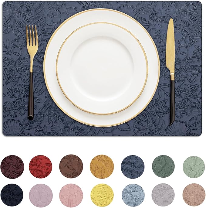 Romanstile Vinyl Placemats Set of 6-12 X 18 Inch - Heat Resistant Non-Slip Embossed Floral Place Mats 100% Waterproof Oilproof Wipeable Faux Leather Table Mats for Kitchen/Dining/Party, Navy Blue