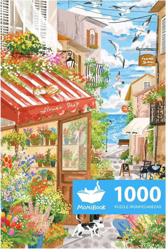 MOMIBOOK Jigsaw Puzzles 1000 Pieces Puzzle for Adults of Sea Breeze Florist, Painting Image Seaside Flower Shop Difficult Challenging Hard Impossible Puzzle Unique Christmas Birthday Gifts