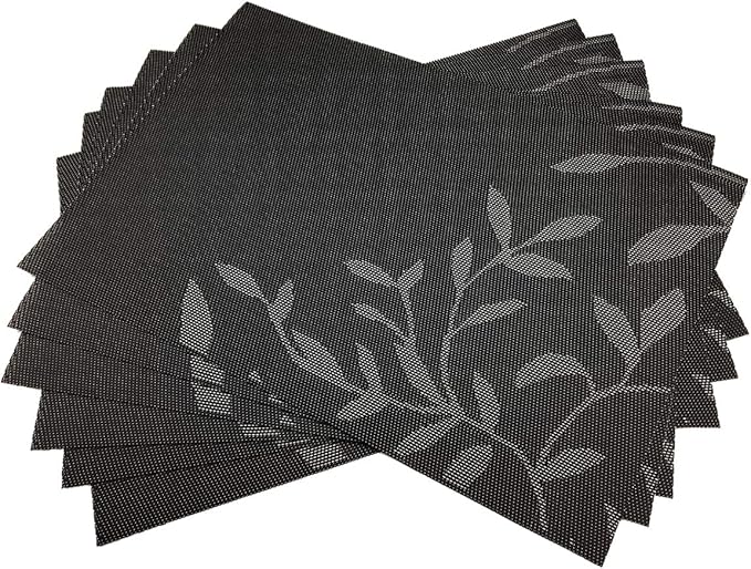 Gugrida Place Mats PVC Set of 6, Table Placemats Set of 6 PVC Woven Vinyl Place Mats Table Mats Natural Color (6 pcs, Black Leaves)