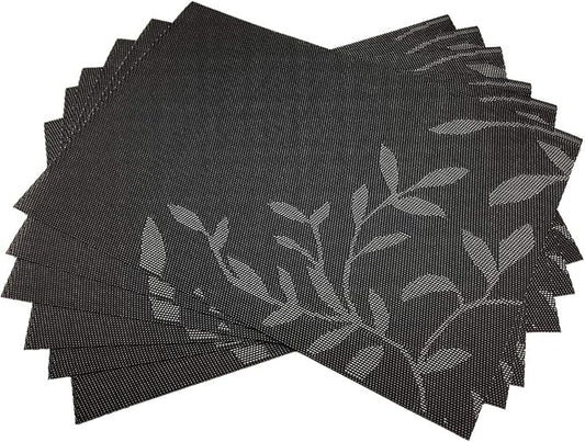 Gugrida Place Mats PVC Set of 6, Table Placemats Set of 6 PVC Woven Vinyl Place Mats Table Mats Natural Color (6 pcs, Black Leaves)