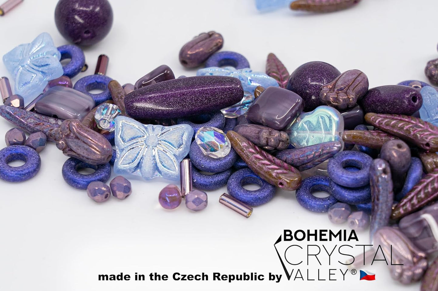 2.1oz (60 g) Mix of Unique Czech Bohemia Glass Pressed Beads, Violet Purple Pink Crystal AB, Table Cut, Matte and Glossy, Hand Made BCV