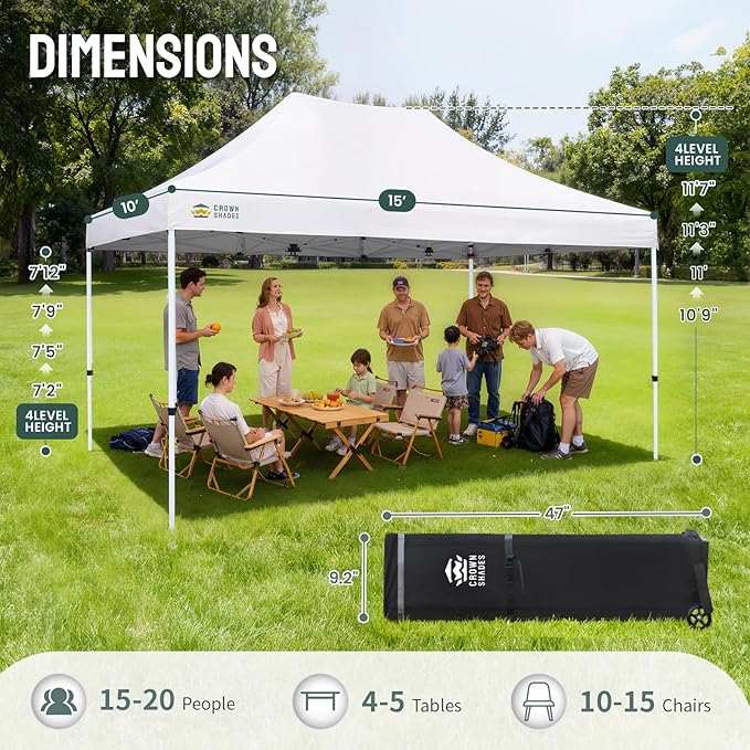 CROWN SHADES 10x15 Pop Up Canopy Tent, Thicken Frame Commercial Heavy Duty Tent, 8 Stakes & 4 Sandbags & 4 Ropes, Outdoor Canopies for Events, Parties,White